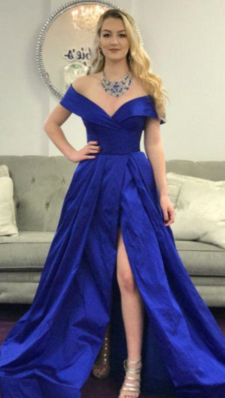 Royal Blue Off Shoulder Satin Long Prom Dresses with High Slit, Off Shoulder Royal Blue Formal Dresses, Royal Blue Evening Dresses