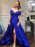 Royal Blue Off Shoulder Satin Long Prom Dresses with High Slit, Off Shoulder Royal Blue Formal Dresses, Royal Blue Evening Dresses