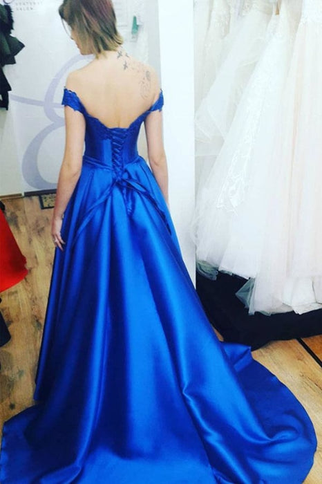 Royal Blue Off the Shoulder Prom with Lace Appliques A Line Satin Long Evening Dress - Prom Dresses