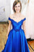 Royal Blue Off the Shoulder Prom with Lace Appliques A Line Satin Long Evening Dress - Prom Dresses