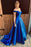 Royal Blue Off the Shoulder Prom with Lace Appliques A Line Satin Long Evening Dress - Prom Dresses