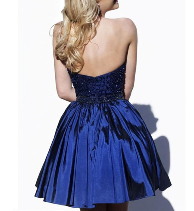 Royal Blue Prom Beading Halter Short Backless Satin Homecoming Cocktail Dress - Prom Dresses