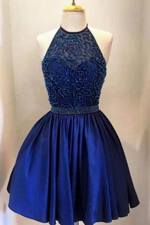 Royal Blue Prom Beading Halter Short Backless Satin Homecoming Cocktail Dress - Prom Dresses
