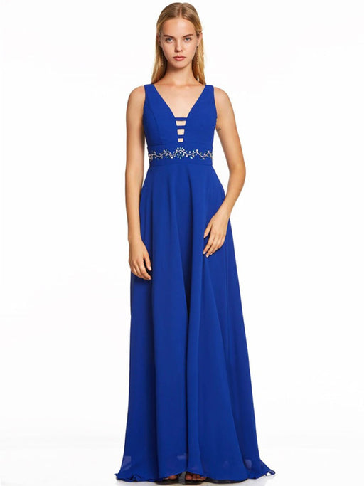 Royal Blue Prom Dress A-Line V-Neck Chiffon Sleeveless Backless Sash Floor Length Pageant Dresses
