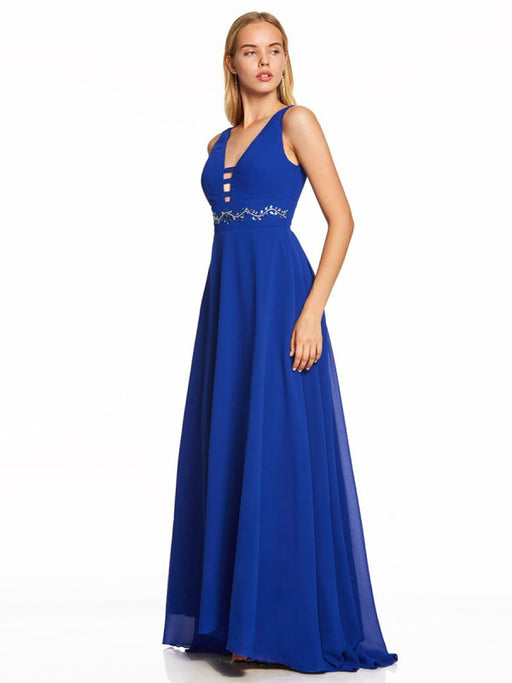 Royal Blue Prom Dress A-Line V-Neck Chiffon Sleeveless Backless Sash Floor Length Pageant Dresses