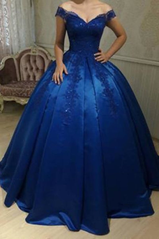 Royal Blue Satin Off-the-shoulder Applique Ball Gowns Quinceanera Dresses - Prom Dresses
