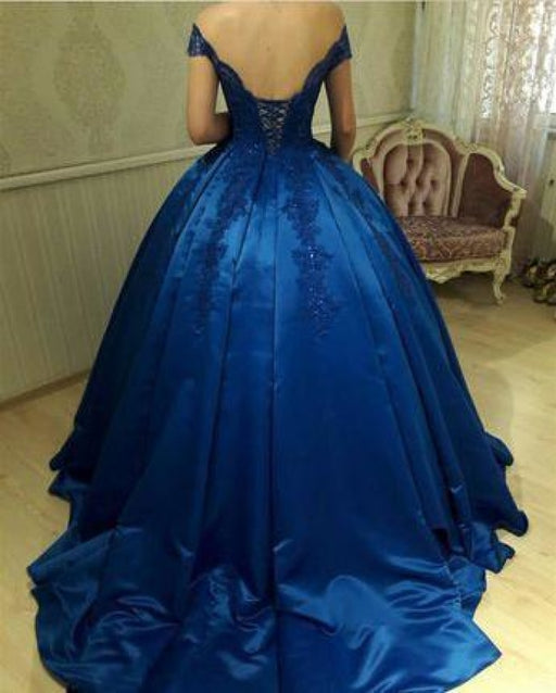 Royal Blue Satin Off-the-shoulder Applique Ball Gowns Quinceanera Dresses - Prom Dresses