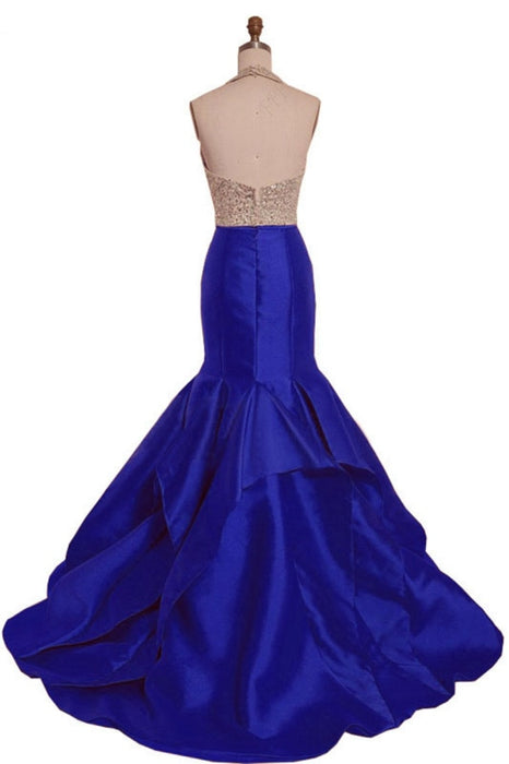 Royal Blue Satin Strapless Long Mermaid Sequins O Neck Backless Prom Dress - Prom Dresses