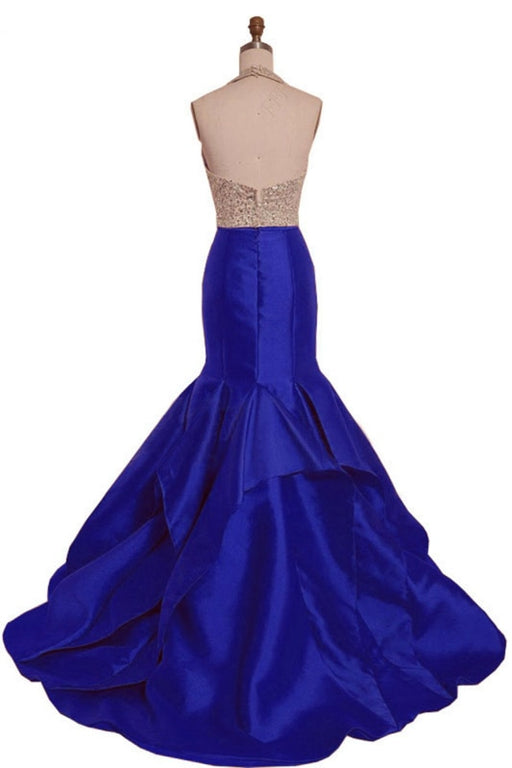Royal Blue Satin Strapless Long Mermaid Sequins O Neck Backless Prom Dress - Prom Dresses