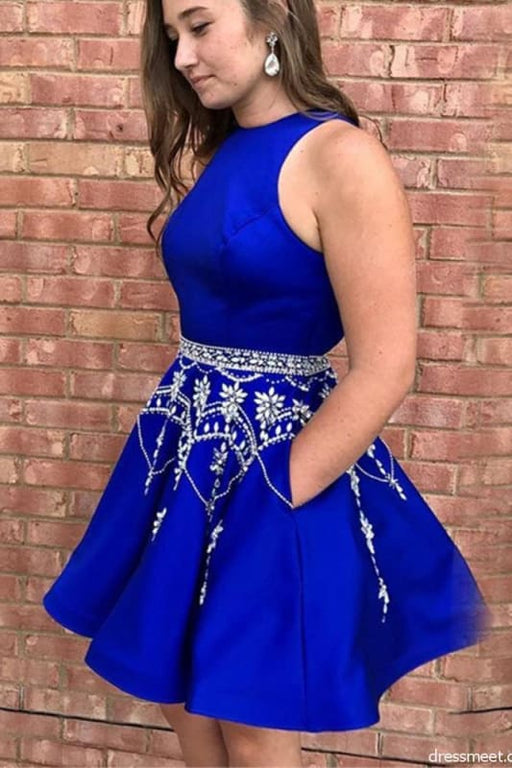 Royal Blue Satin Homecoming Dress A-Line Beaded Prom Dress - Bridelily Royal Blue Satin Homecoming Dress A-Line Beaded Prom Dress - Bridelily