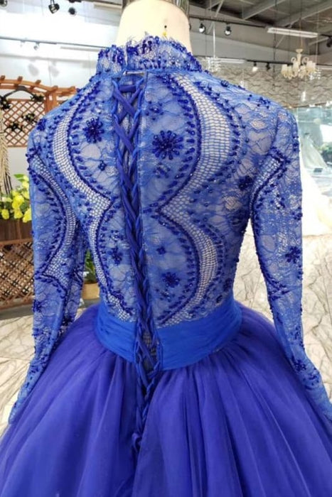 Royal Blue Sleeve Tulle Prom Lace Long Party Dress with Beads - Prom Dresses