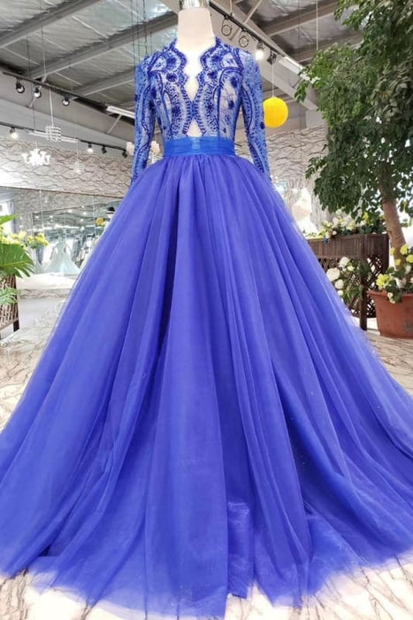 Royal Blue Sleeve Tulle Prom Lace Long Party Dress with Beads - Prom Dresses