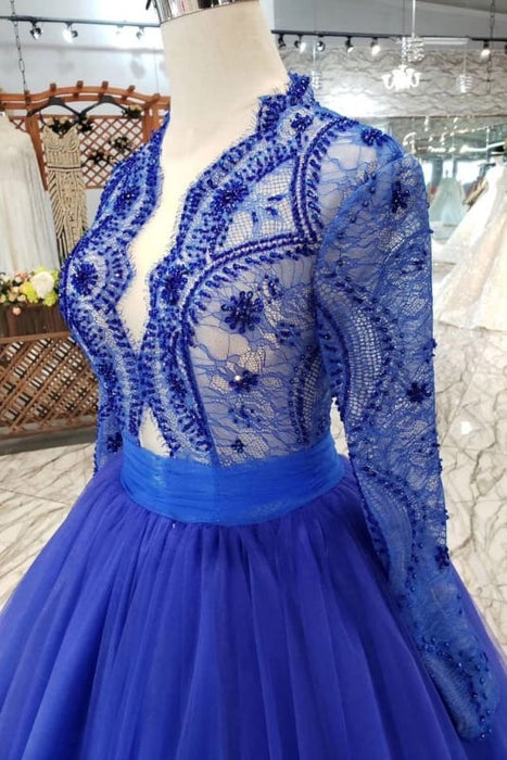 Royal Blue Sleeve Tulle Prom Lace Long Party Dress with Beads - Prom Dresses