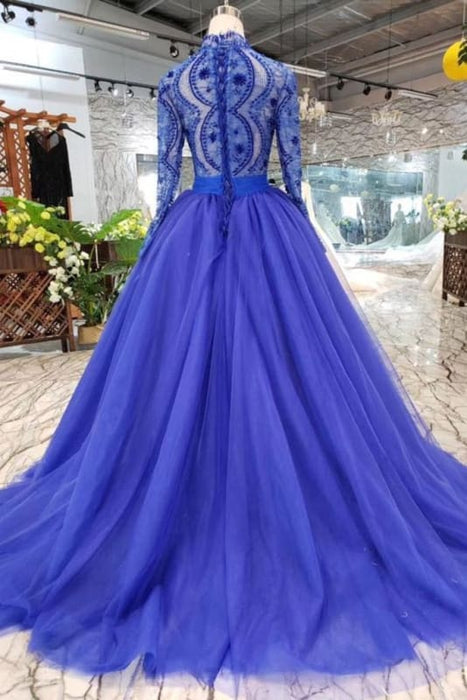 Royal Blue Sleeve Tulle Prom Lace Long Party Dress with Beads - Prom Dresses