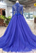 Royal Blue Sleeve Tulle Prom Lace Long Party Dress with Beads - Prom Dresses