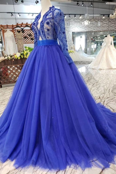Royal Blue Sleeve Tulle Prom Lace Long Party Dress with Beads - Prom Dresses