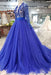 Royal Blue Sleeve Tulle Prom Lace Long Party Dress with Beads - Prom Dresses