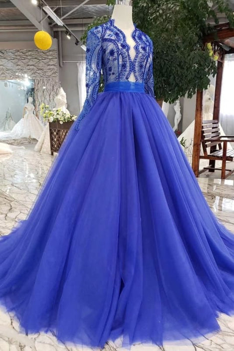 Royal Blue Sleeve Tulle Prom Lace Long Party Dress with Beads - Prom Dresses