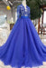 Royal Blue Sleeve Tulle Prom Lace Long Party Dress with Beads - Prom Dresses