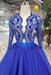 Royal Blue Sleeve Tulle Prom Lace Long Party Dress with Beads - Prom Dresses