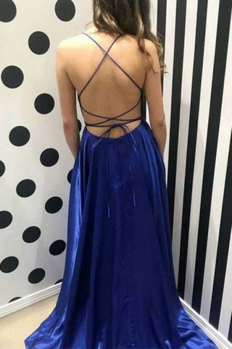 Royal Blue Spaghetti Strap Formal with Side Slit Sexy Sleeveless Long Prom Dress - Prom Dresses