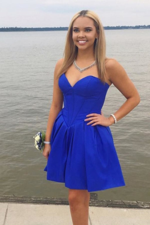 Royal Blue Strapless Sweetheart Homecoming Simple A Line Short Graduation Dress - Prom Dresses
