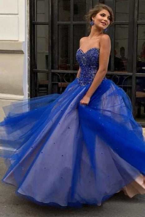 Royal Blue Sweetheart Floor Length Tulle Prom with Beads A Line Long Formal Dress - Prom Dresses
