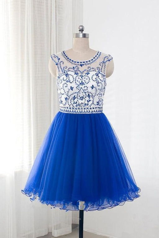 Royal Blue Tulle Sleeveless Homecoming/Prom Dresses With Beading - Prom Dresses