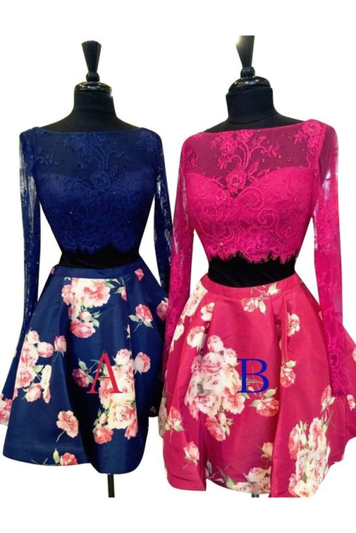 Royal Blue Two Piece Bateau Long Sleeves Floral Short Homecoming Dress with Lace - Prom Dresses
