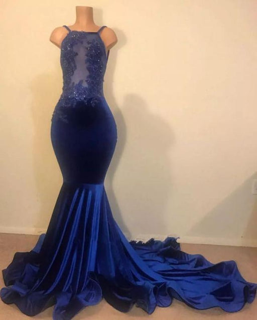 Royal Blue Velvet Long Mermaid Open Back Applique Beading Prom Dresses - Prom Dresses