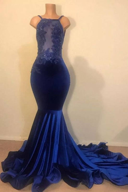 Royal Blue Velvet Long Mermaid Open Back Applique Beading Prom Dresses - Prom Dresses