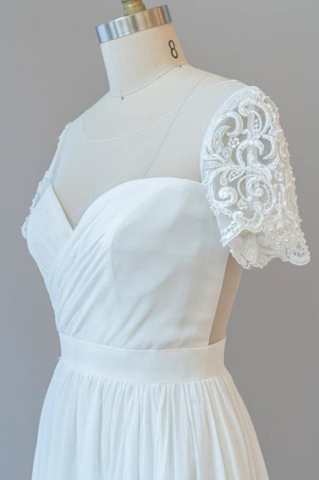 Ruffle Short Sleeve Chiffon A-line Wedding Dress - Wedding Dresses