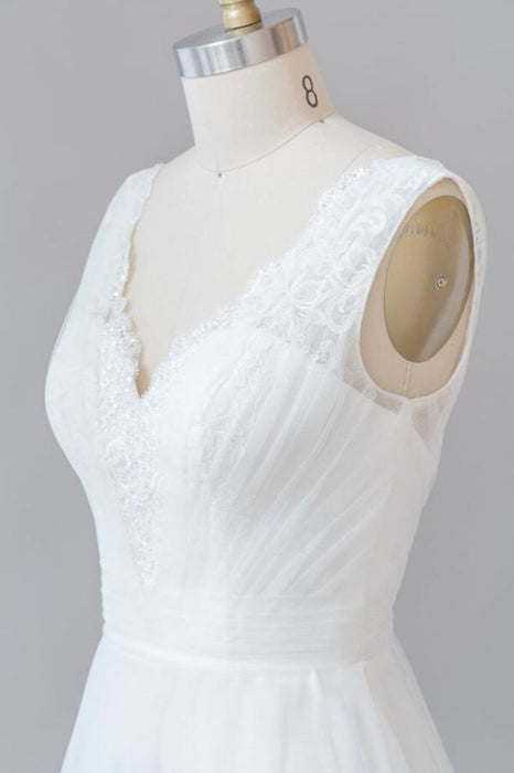 Ruffle V-neck Lace Tulle A-line Wedding Dress - Wedding Dresses