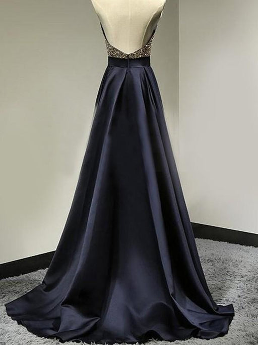 Satin Halter Sleeveless A-line Floor-Length With Beading Dresses - Prom Dresses