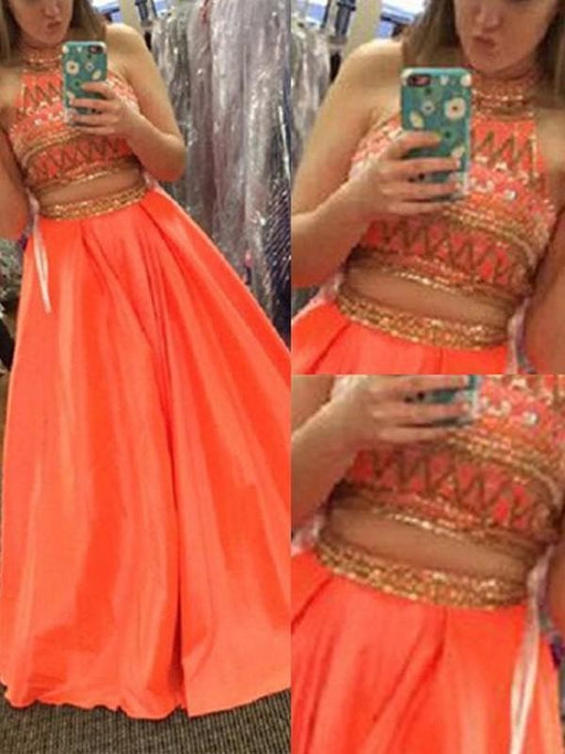 Satin High Neck Sleeveless Floor-Length With Beading Two Piece Dresses - Prom Dresses