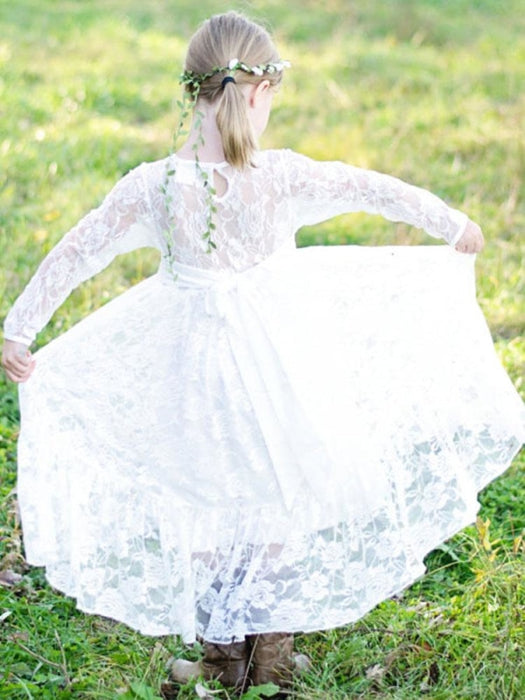 Flower Girl Dresses Jewel Neck Elastic Woven Satin Long Sleeves Ankle-Length Sheath Sash Kids Party Dresses