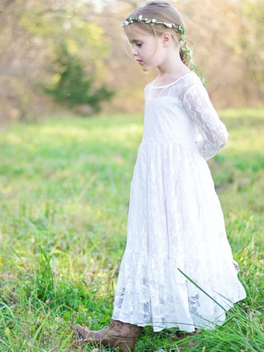 Flower Girl Dresses Jewel Neck Elastic Woven Satin Long Sleeves Ankle-Length Sheath Sash Kids Party Dresses