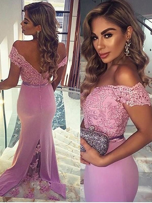 Satin Off-The-Shoulder Sleeveless Floor-Length With Lace Dresses - Prom Dresses