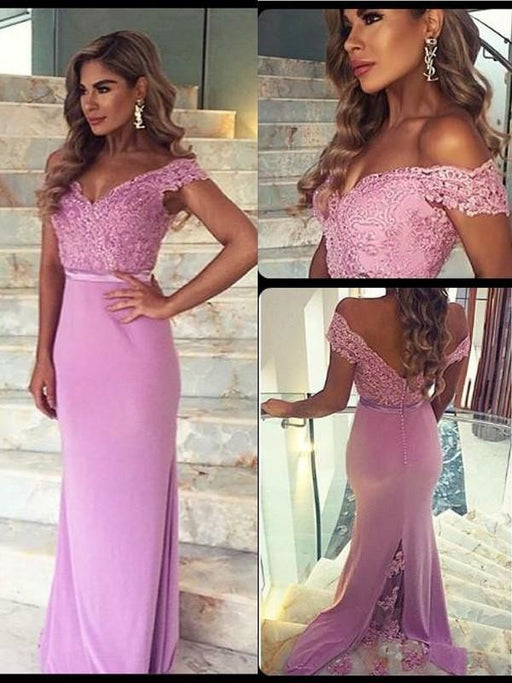 Satin Off-The-Shoulder Sleeveless Floor-Length With Lace Dresses - Prom Dresses