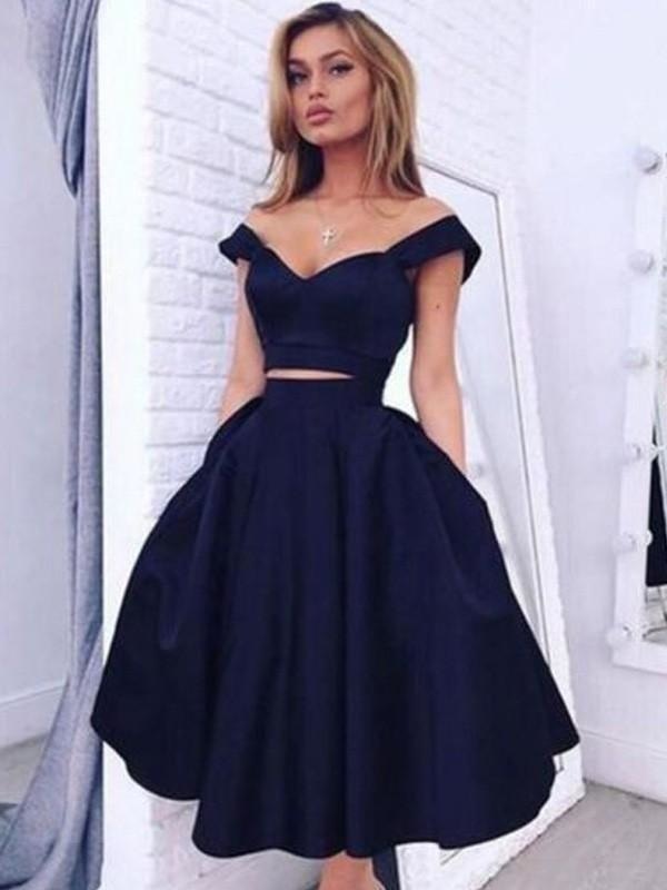 Satin Off-the-Shoulder Sleeveless Knee-Length With Ruffles Dresses - Prom Dresses