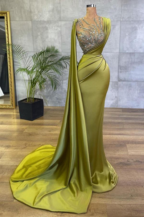 Satin Sage Mermaid Evening Gown with Side Cape-Bridelily Satin Sage Mermaid Evening Gown with Side Cape-Bridelily