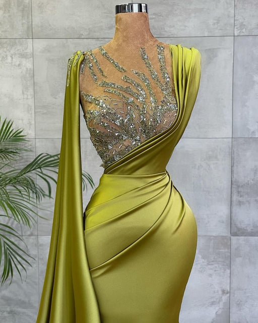 Satin Sage Mermaid Evening Gown with Side Cape - Prom Dresses