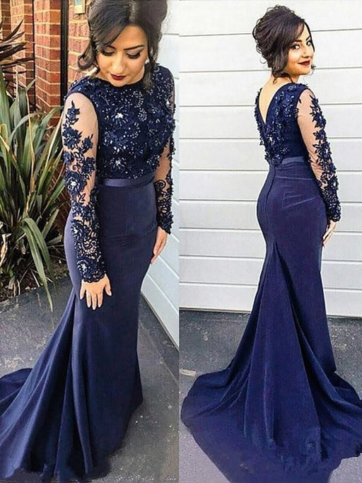 Satin Scoop Long Sleeves Sweep/Brush Train With Lace Plus Size Dresses - Prom Dresses