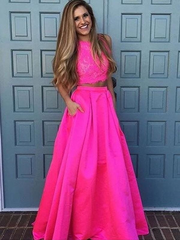 Satin Scoop Sleeveless A-line Floor-Length With Lace Two Piece Dresses - Prom Dresses