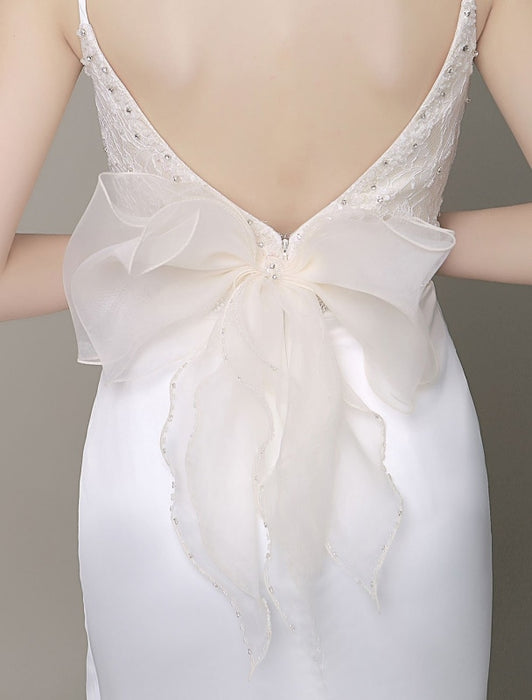 Satin Sheath Wedding Dress Plunging Neckline Bow Back Belt Lace Beading Evening Dress Milanoo