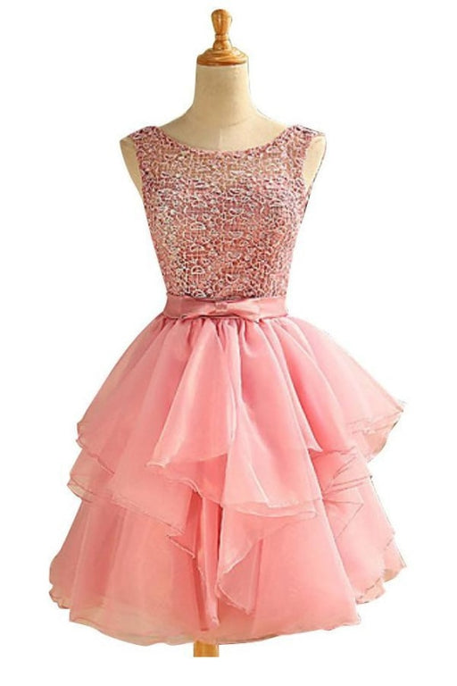 Scoop Above-knee Pink Chiffon Homecoming Dresses With Lace Ruched - Prom Dresses