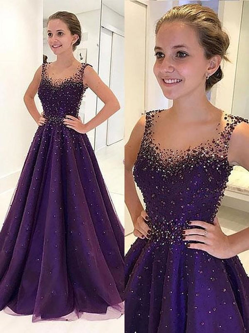 Scoop Floor-Length Tulle A-line Sleeveless With Beading Dresses - Prom Dresses