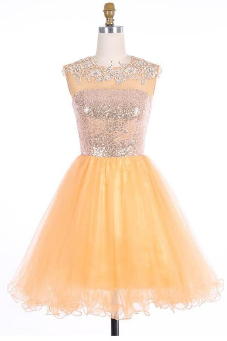 Scoop Gold Organza Open Back Prom Homecoming Dresses - Prom Dresses