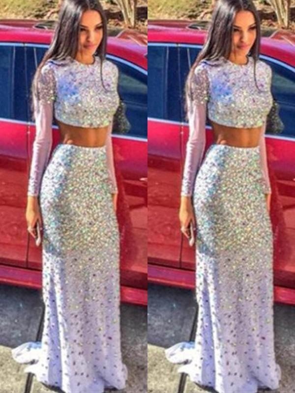 Scoop Long Sleeves Sweep/Brush Train With Sequin Two Piece Dresses - Prom Dresses