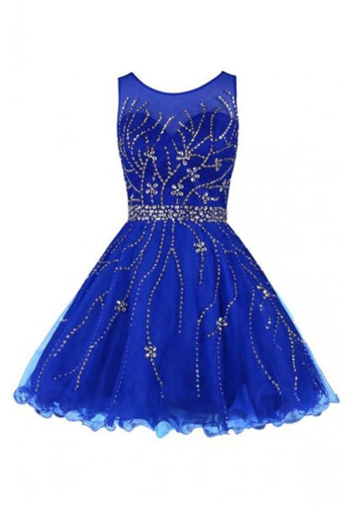 Scoop Royal Blue Tulle Beading Prom Homecoming Dress - Prom Dresses